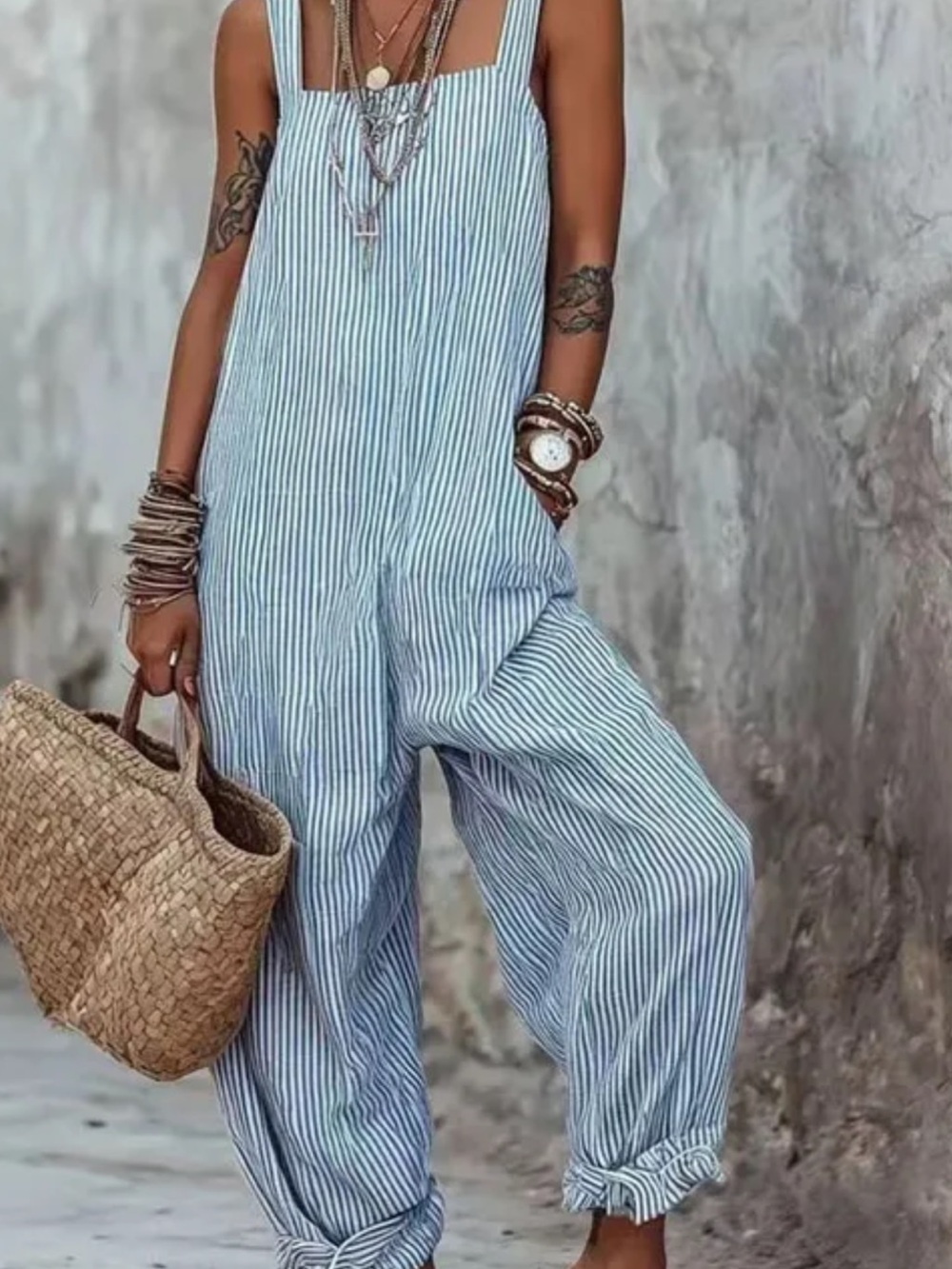 Striped Light Blue Linen-Blend Wide-Leg Jumpsuit